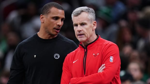 Nov 28, 2023; Boston, Massachusetts, USA; Boston Celtics head coach Joe Mazzulla talks with Chicago Bulls head coach Billy Donovan from the sideline at TD Garden. Mandatory Credit: David Butler II-USA TODAY Sports
